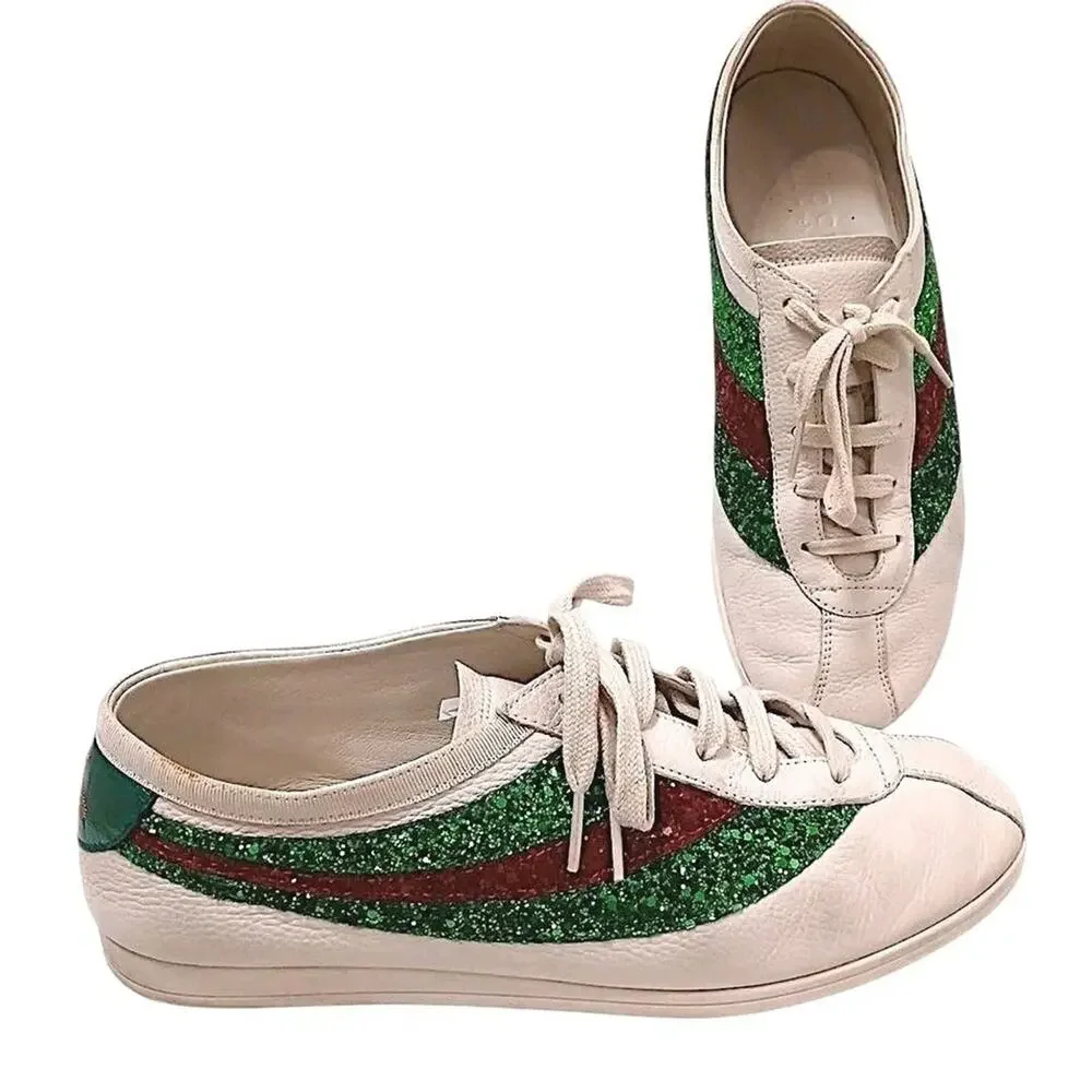 RARE Gucci Falacer Glitter Sneakers Men Sz 7 White Leather Green Red SPARKLE